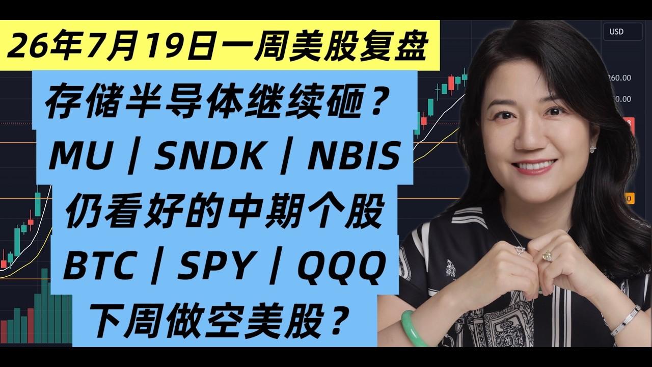 7月19日一周美股复盘，MU回调到位还是继续下砸？下周做空美股？SPY及QQQ关键点位；仍看中期看好的个股和板块；SNDK何去何从？BTC及相关个股；大盘面临的风险和交易应对策略等 — XTrader猫姐美股