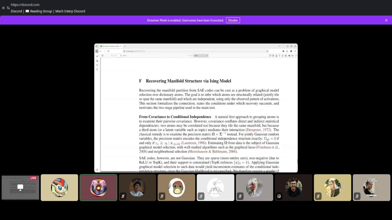 Mech Interp Reading Group - Do Sparse Autoencoders Capture Concept Manifolds? — Mech Interp Discord Server Recordings