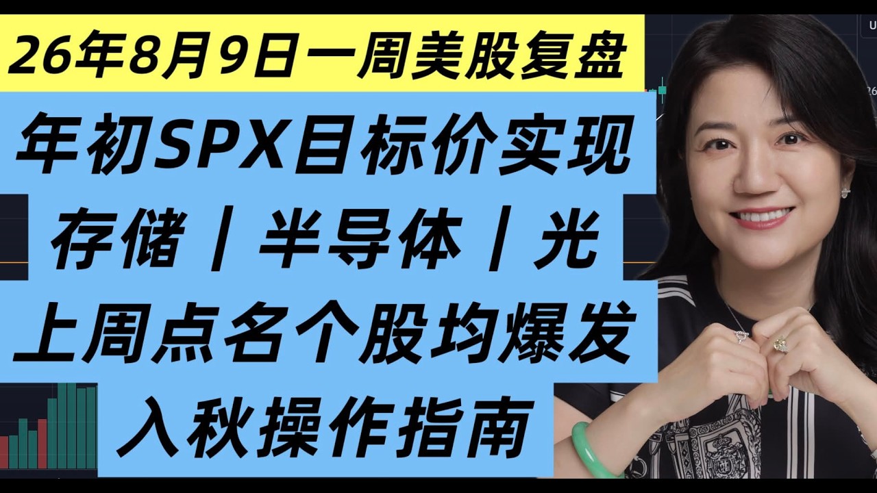 26年8月9日一周美股复盘，年初SPX目标价实现；上周重点个股都爆发，入秋后市场走势展望；重点个股交易计划；加密个股；SPY, QQQ, SOXX, MU, SNDK, LITE等重点个股走势技术分析 — XTrader猫姐美股