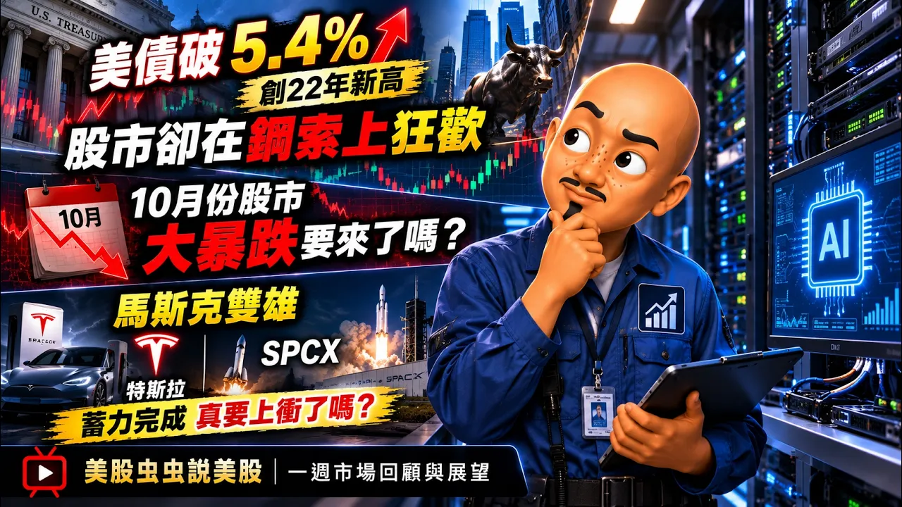 美债破 5.4%创22年新高 股市却在钢索上狂欢 10月份股市大暴跌要来了吗?  马斯克双雄 特斯拉 SPCX 蓄力完成 真要上冲了吗？ |美股虫虫说美股| 一周市场回顾与展望 #美股 #股市 #投资 — 虫虫美股冲浪