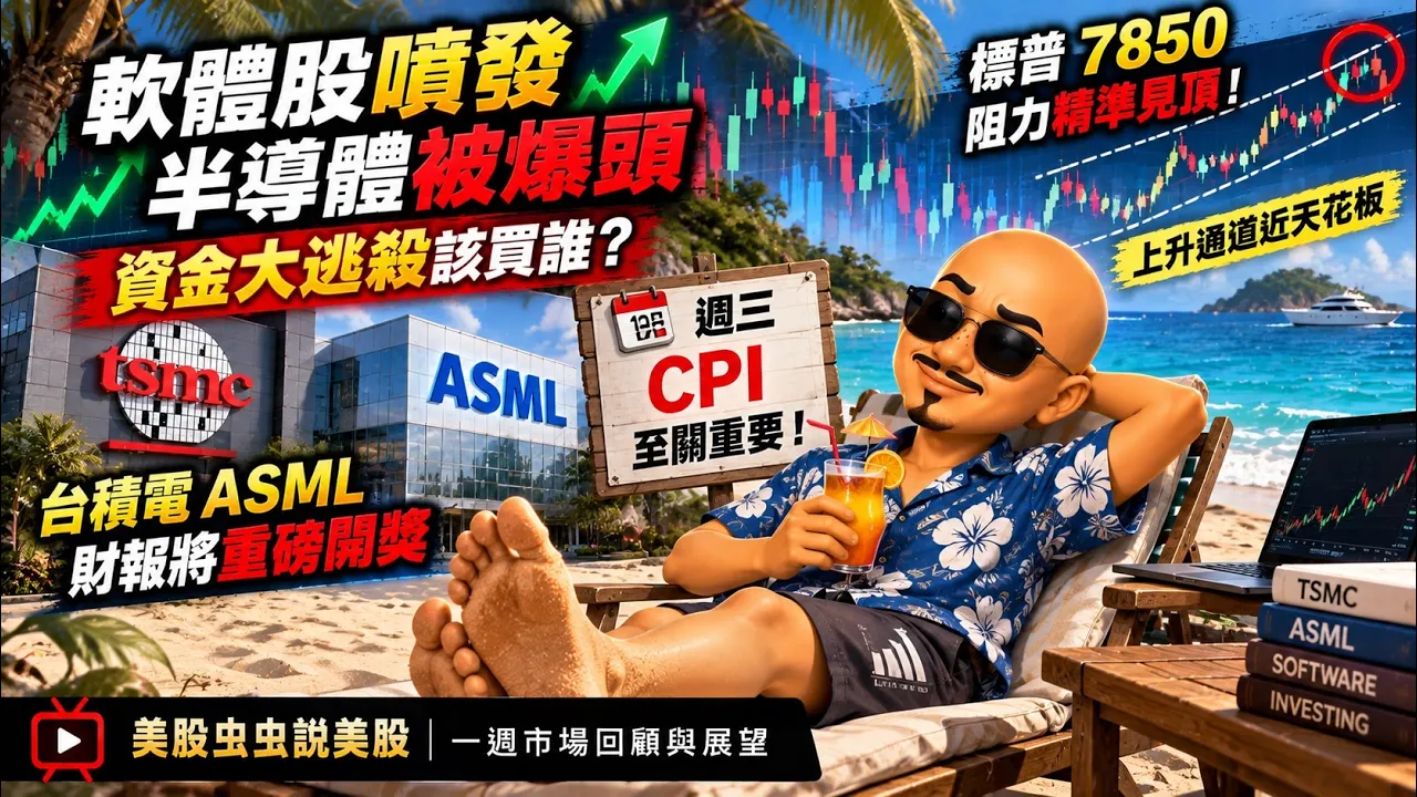 软体股喷发 半导体被爆头 资金大逃杀该买谁？台积电ASML财报将重磅开奖 周三CPI至关重要！标普7850 阻力精准见顶！上升通道近天花板|美股虫虫说美股| 一周市场回顾与展望 #美股 #股市 #投资 — 虫虫美股冲浪
